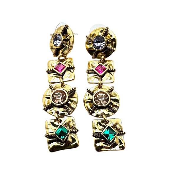 Womens Earrings Pierced Multicolor Rhinestone Gold Tone Chandelier - Picture 2 of 4